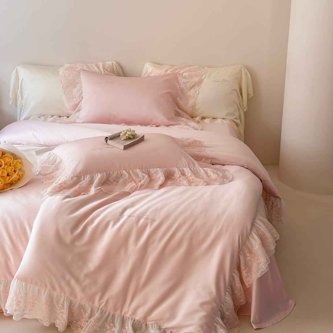 Luxury Satin Ruffled Pillowcase Set with Lace Trim