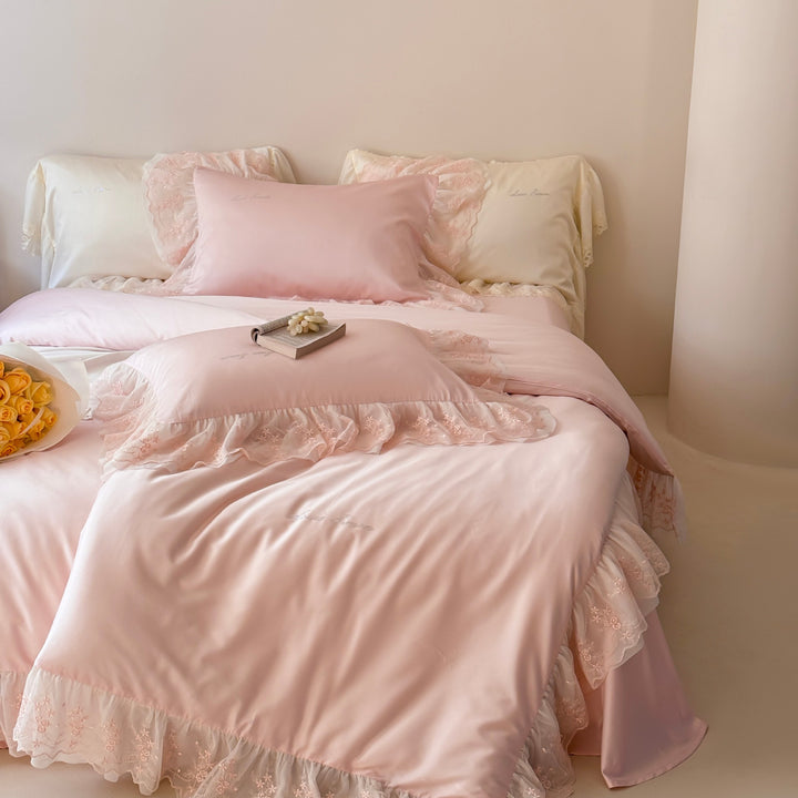 Luxury Satin Ruffled Pillowcase Set with Lace Trim