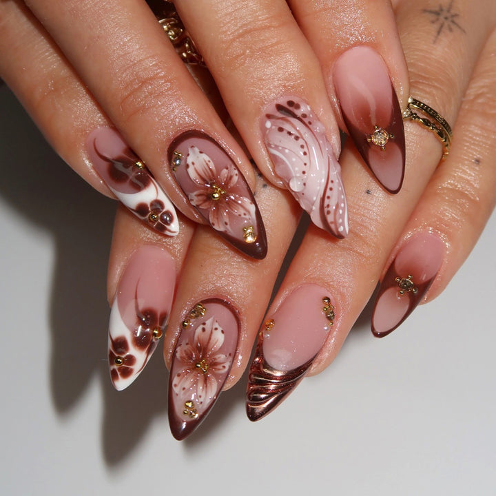 Artistic Press-On Nail Art Set with Floral and Gemstone Accents Stornfield