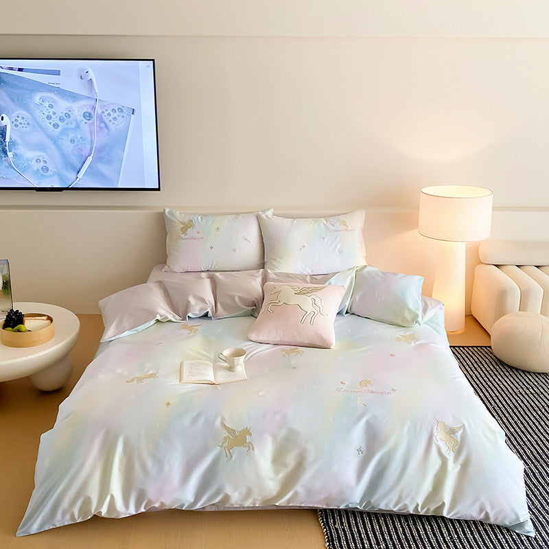 Pastel Unicorn Cotton Sateen Duvet Cover Set with Embroidered Decorative Cushion