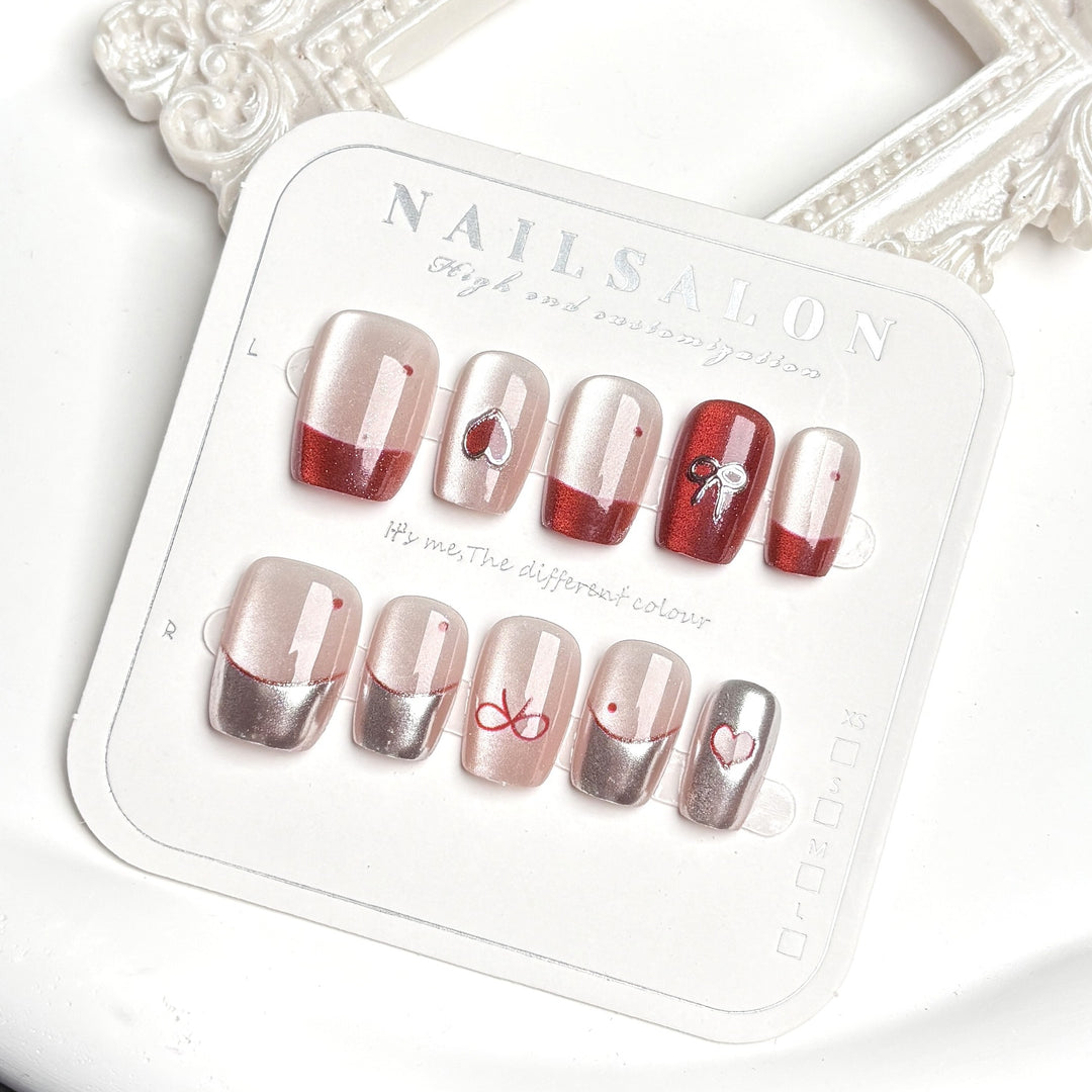 Elegant Heart and Bow Press-On Nail Set