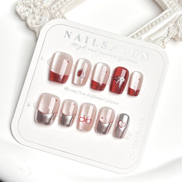 Elegant Heart and Bow Press-On Nail Set