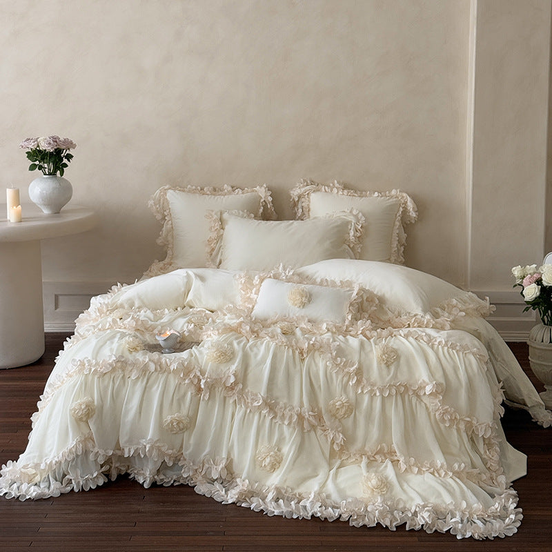 Tiered Rosette-Embellished Cotton Duvet Cover Set