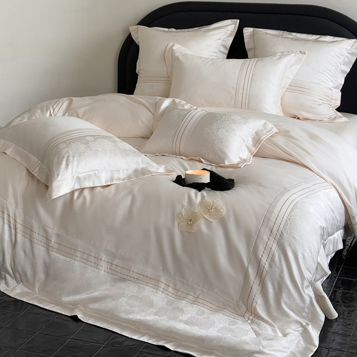 Luxury Jacquard Sateen Duvet Cover Set with Embroidered Floral Trim