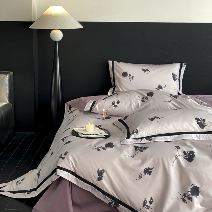 Reversible Satin-Finish Floral Duvet Cover Set with Contrast Border and Pillow Shams