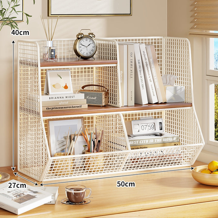 Double-Tier Mesh Metal Desktop Organizer with Wooden Shelves