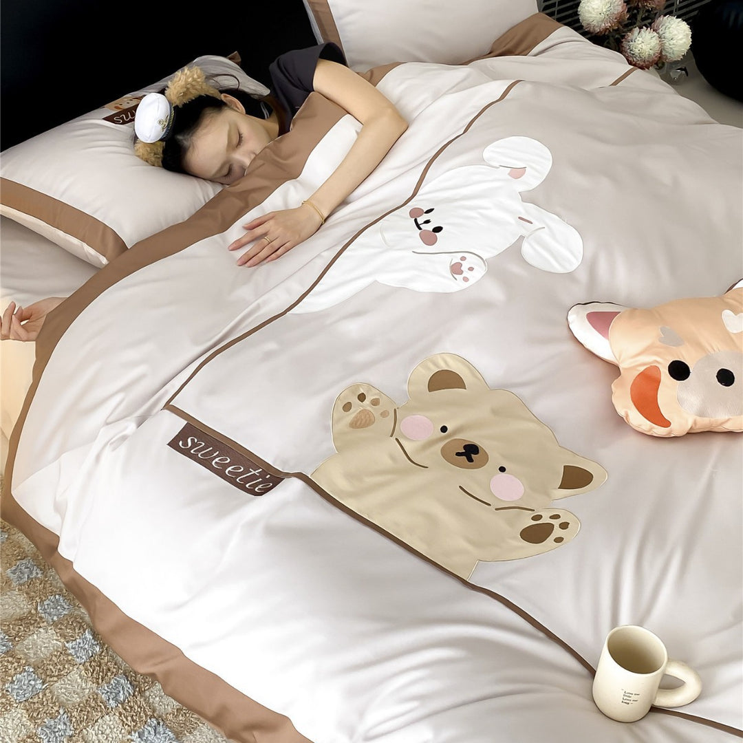 Sateen Cotton Duvet Cover Set with Cute Animal Appliqué