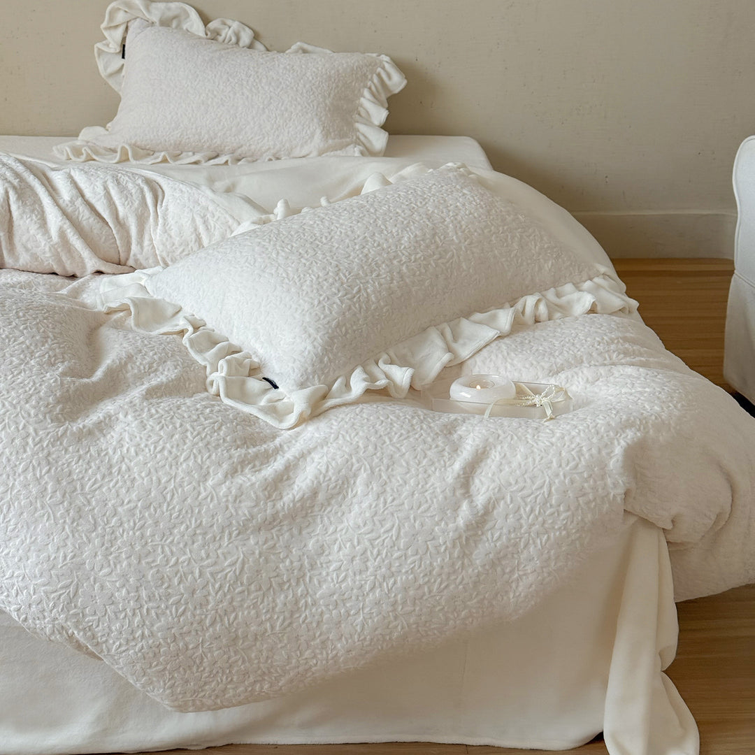 Quilted Floral-Embossed Cotton Duvet Cover Set with Ruffle-Trim Pillow Shams & Reversible Lightweight Layer