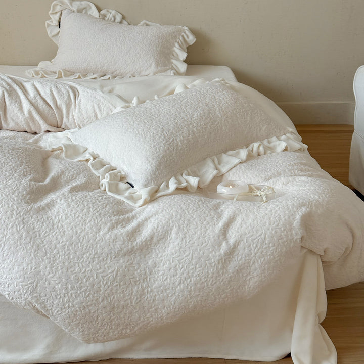 Quilted Floral-Embossed Cotton Duvet Cover Set with Ruffle-Trim Pillow Shams & Reversible Lightweight Layer
