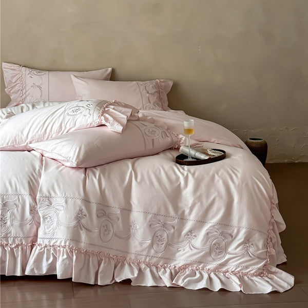 French-Inspired Embroidered Cotton Duvet Cover with Ruffled Hem and Pillow Shams
