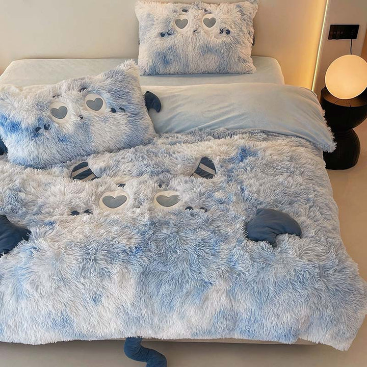 Cozy plush bedding set with 3D ears, heart-shaped eye appliqué, and extra soft microfiber fluff