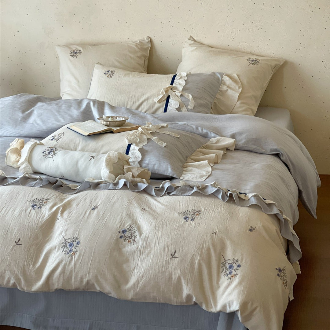 Floral Embroidered Ruffled Duvet Cover Set with Decorative Bolster Pillow