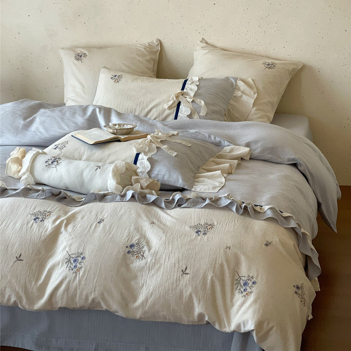 Floral Embroidered Ruffled Duvet Cover Set with Decorative Bolster Pillow