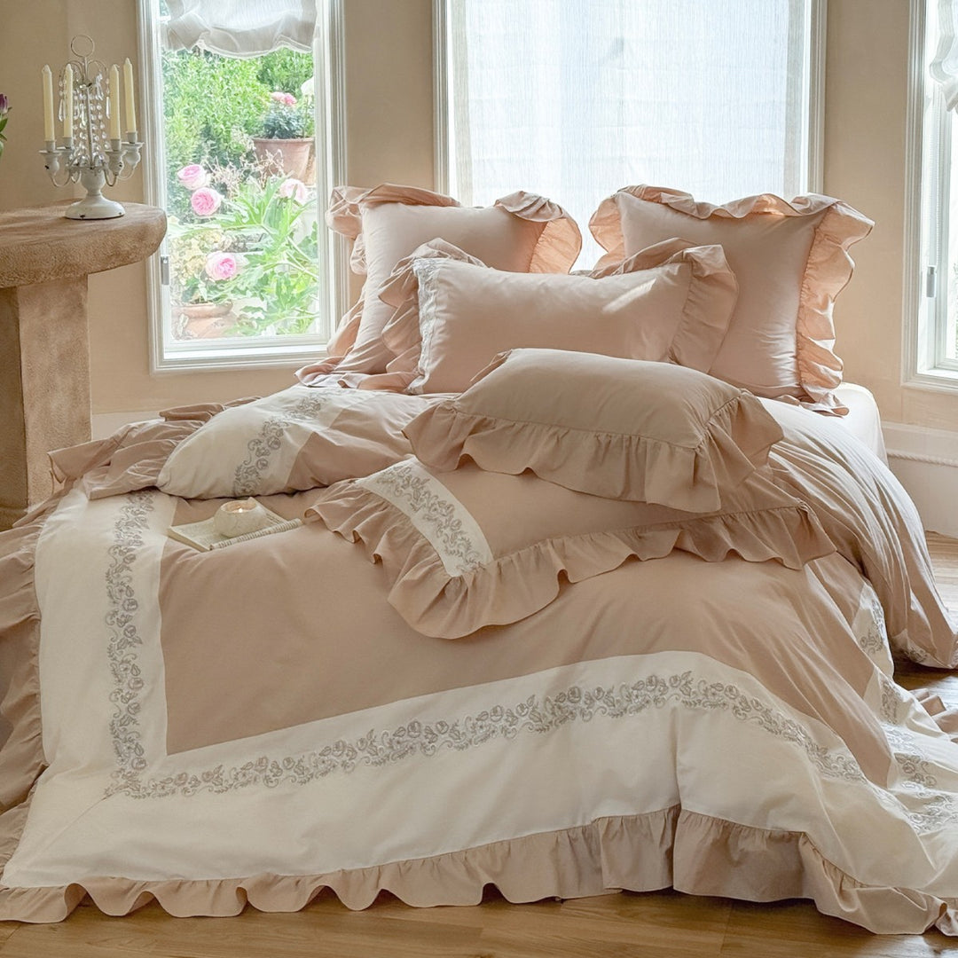 Romantic Ruffle-Trim Cotton Duvet Cover Ensemble with Embroidered Border & Pillow Shams