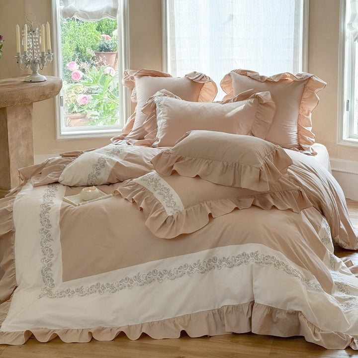 Romantic Ruffle-Trim Cotton Duvet Cover Ensemble with Embroidered Border & Pillow Shams