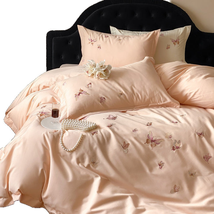 Embroidered Butterfly Cotton-Sateen Duvet Cover Set with Luxury Satin Finish