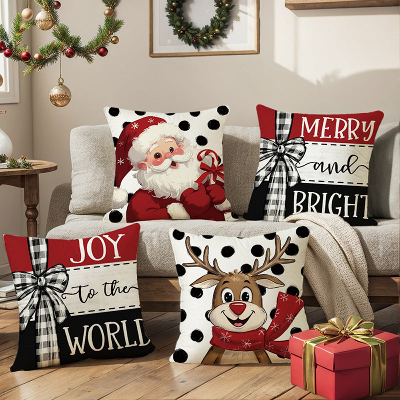 Square Cotton-Linen Decorative Throw Pillow Cover with Cartoon Reindeer and Polka Dot Print