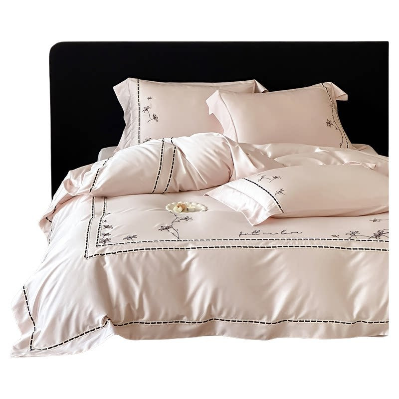 Embroidered Luxury Satin Duvet Cover Set with Decorative Pillow Shams