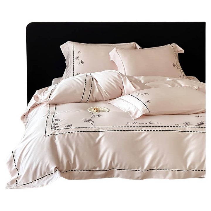 Embroidered Luxury Satin Duvet Cover Set with Decorative Pillow Shams