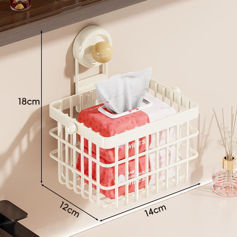 Wall-Mounted Suction-Cup Wire Basket Tissue and Wipes Organizer