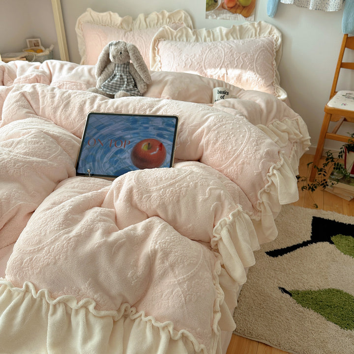 Plush Ruffled Embossed Velvet Comforter Set with Layered Frill Shams