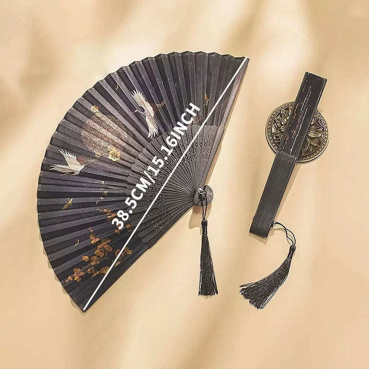 Women One Size hand-painted crane and plum blossom fan with carved wooden ribs and silk tassel Stornfield