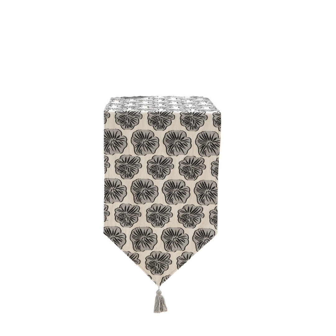 Woven double-sided linen table runner with tassels and hand-drawn swallow print Stornfield