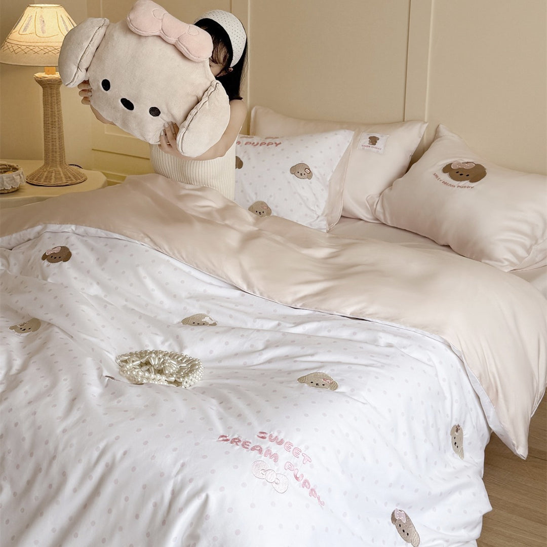 Reversible Embroidered Puppy Duvet Cover Set