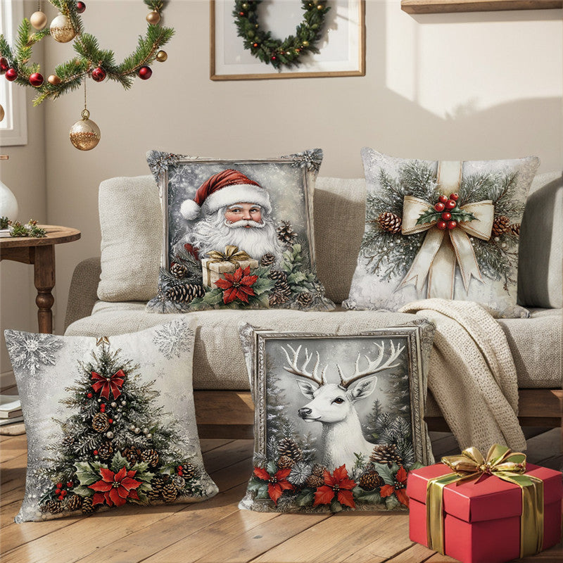 Christmas Pine & Poinsettia Decorative Throw Pillow Cover with Hidden Zipper