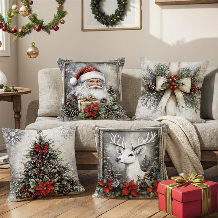 Christmas Pine & Poinsettia Decorative Throw Pillow Cover with Hidden Zipper