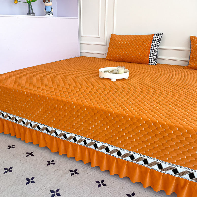 Quilted Ruffled Bed Skirt and Deep-Fit Mattress Protector Set