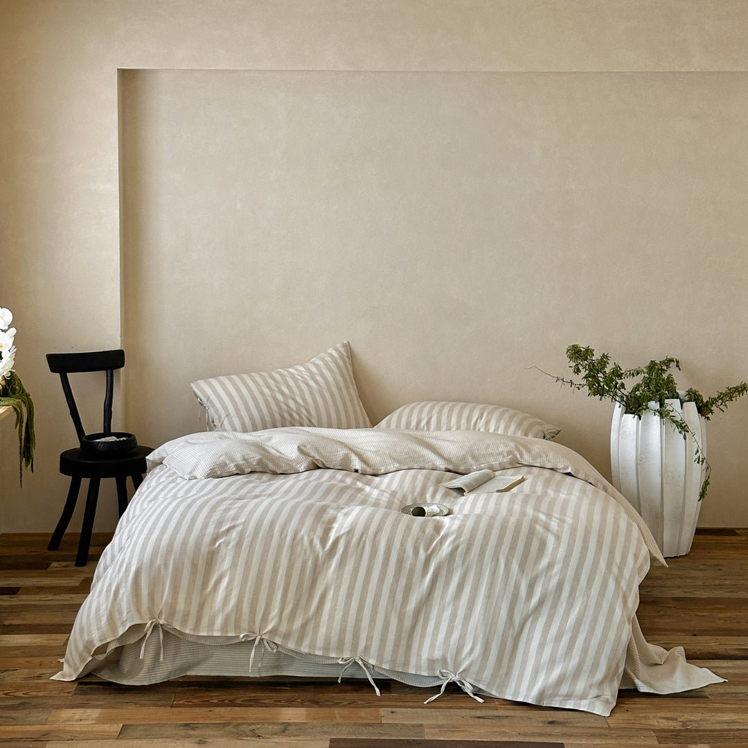 Striped Linen-Cotton Duvet Cover Set with Tied Hem