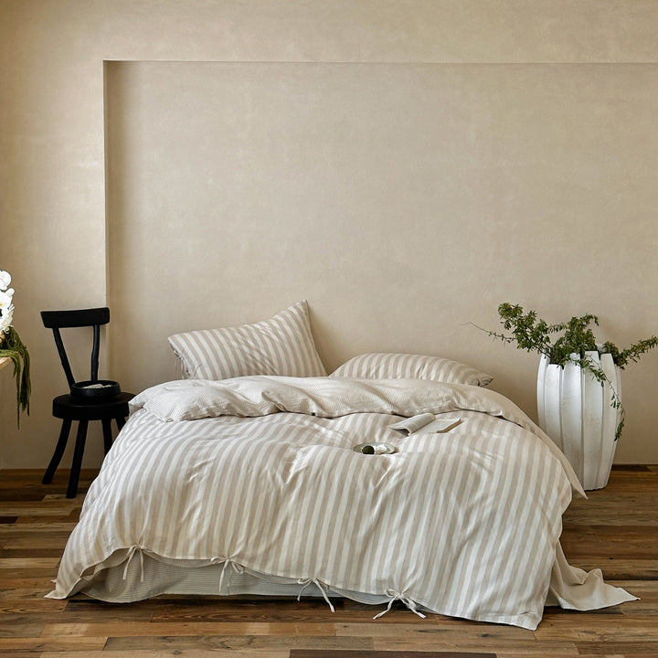 Striped Linen-Cotton Duvet Cover Set with Tied Hem