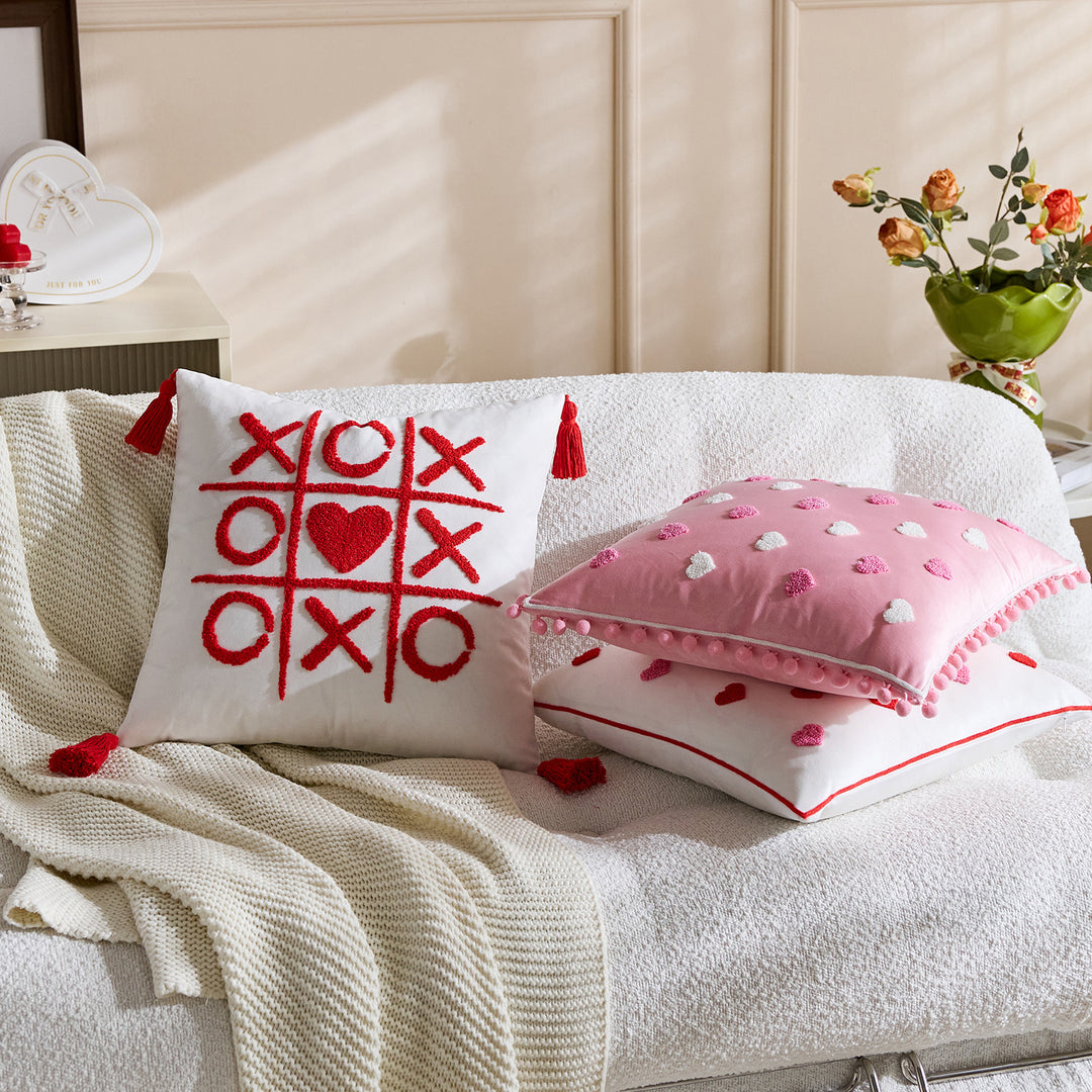 Tufted Tic-Tac-Toe Chenille Decorative Throw Pillow with Corner Tassels