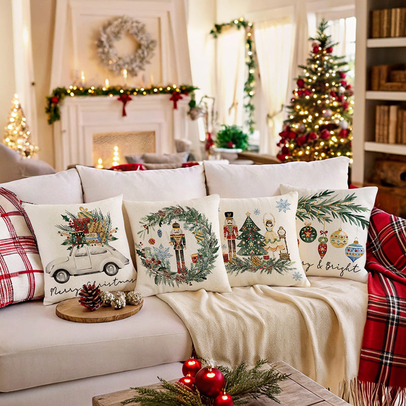 Festive Christmas Nutcracker Wreath Cotton-Linen Throw Pillow Cover with Hidden Zipper