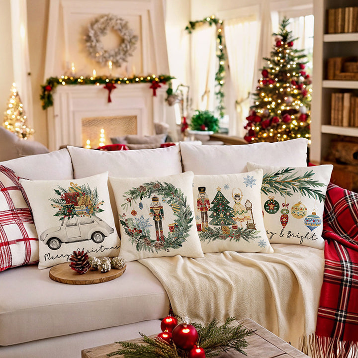 Festive Christmas Nutcracker Wreath Cotton-Linen Throw Pillow Cover with Hidden Zipper