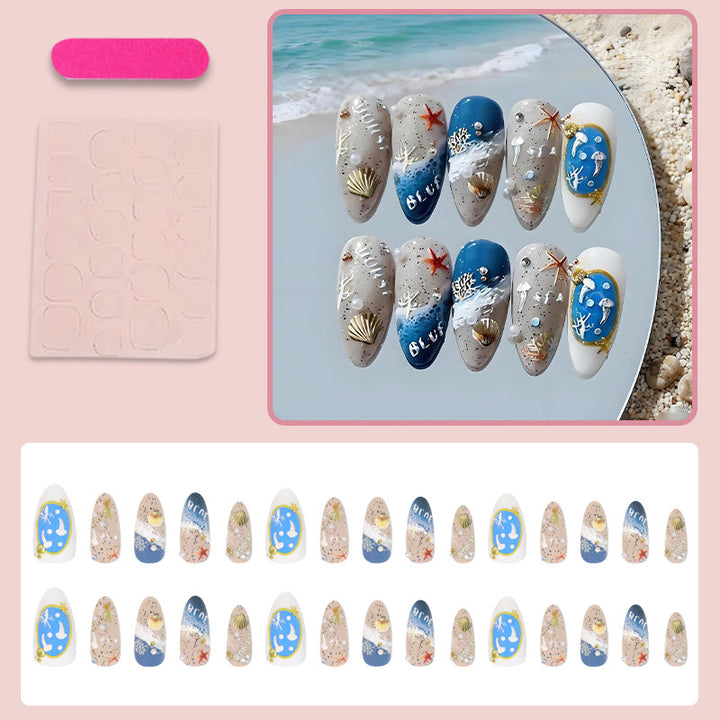 Artificial nail set with maritime designs and elegant embellishments Stornfield
