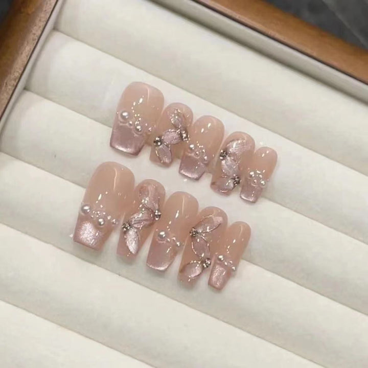 Artistic Floral Press-On Nail Set with Pearl Accents Stornfield