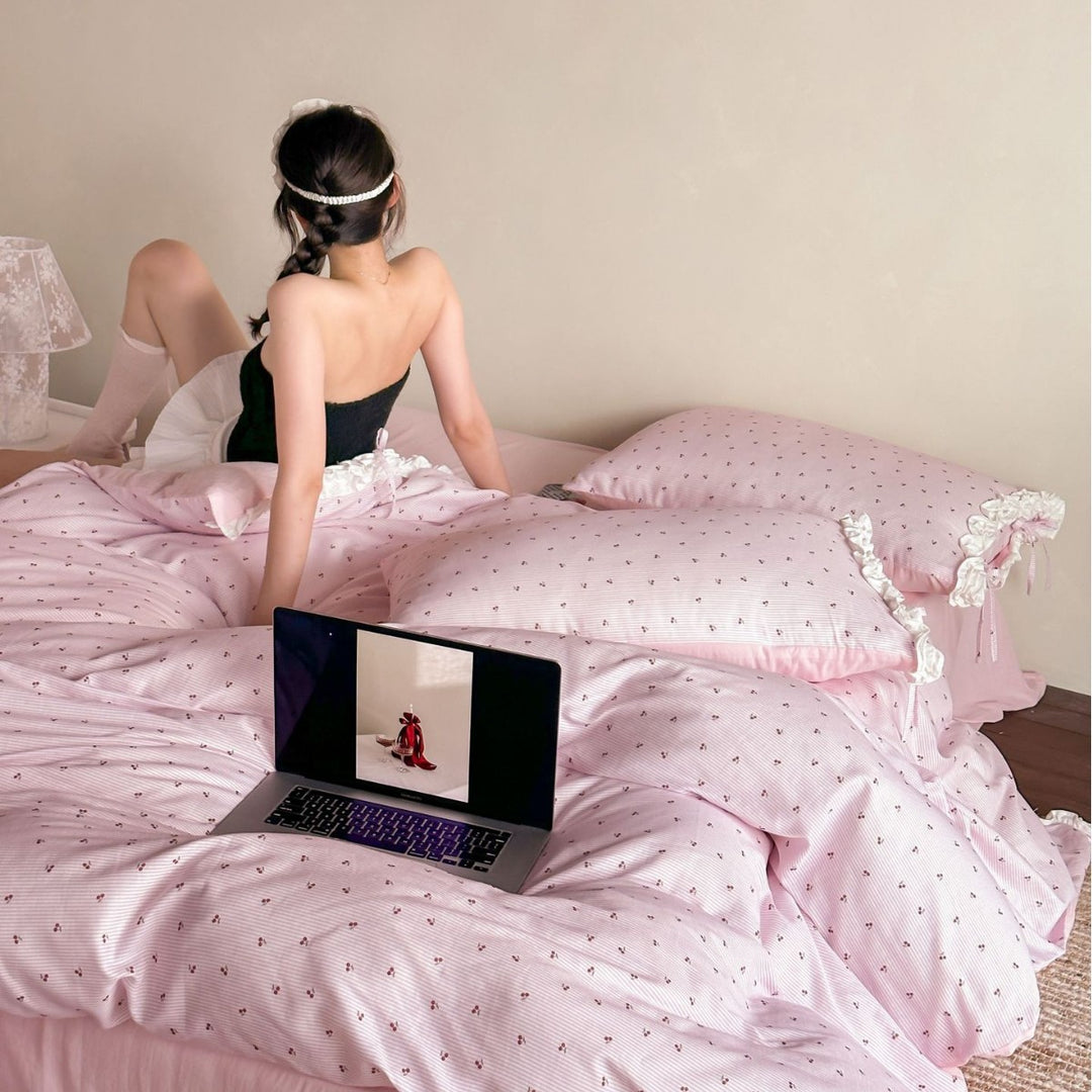 Romantic bedding set with frill, fine cherry pattern, and soft woven cotton