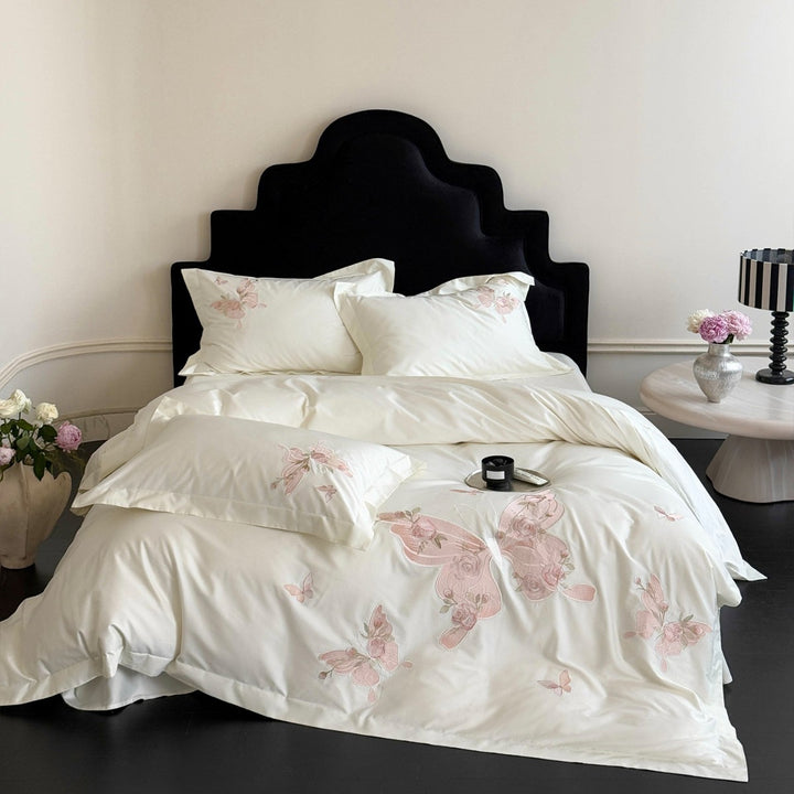 Embroidered Butterfly Cotton-Sateen Duvet Cover Set with Delicate Floral Stitching