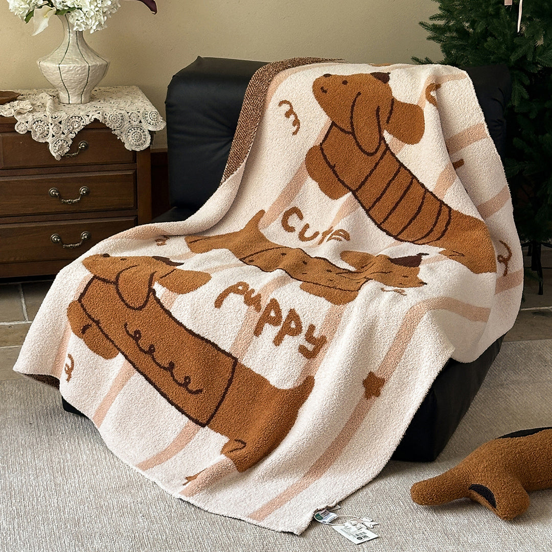 Plush Jacquard Throw Blanket with Playful Cat and Chair Motif