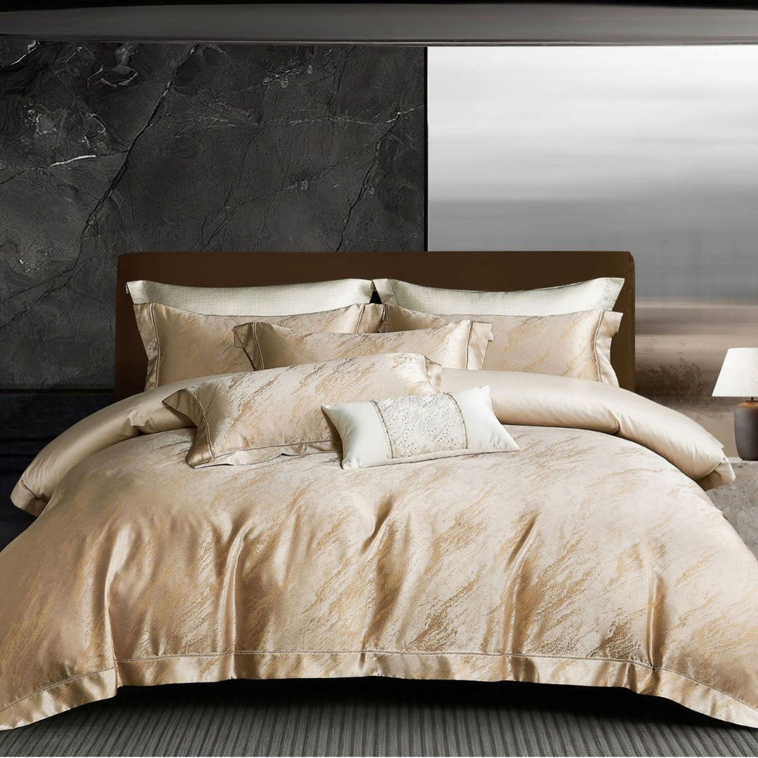 Silky Jacquard Duvet Cover Set with Oxford Hem, Decorative Lumbar Pillow and Envelope Shams