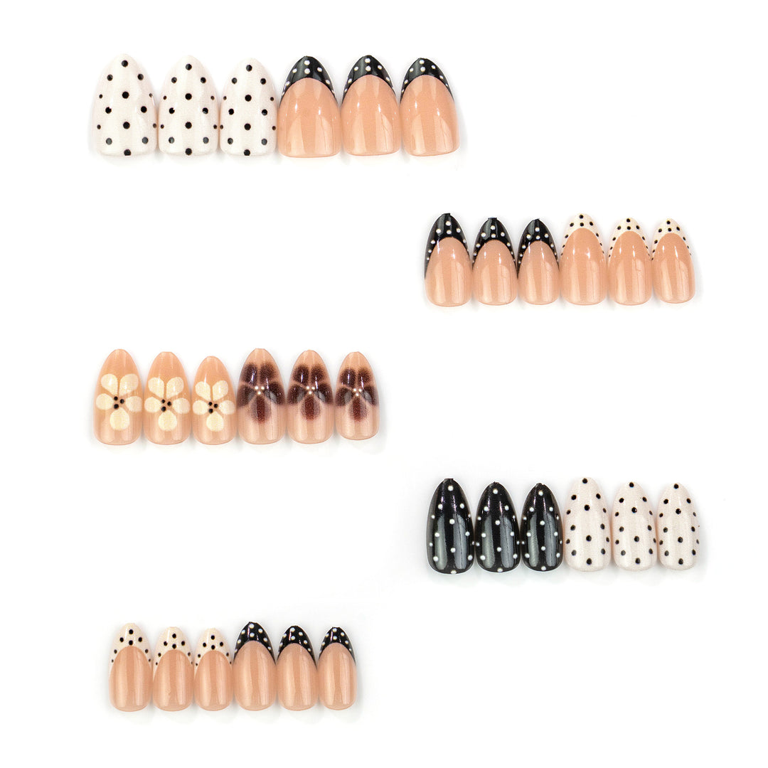 Elegant Pointed Press-On Nail Art with Polka Dot and Ombre Designs Stornfield