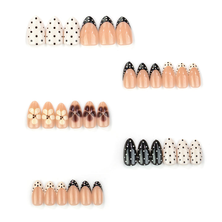 Elegant Pointed Press-On Nail Art with Polka Dot and Ombre Designs Stornfield