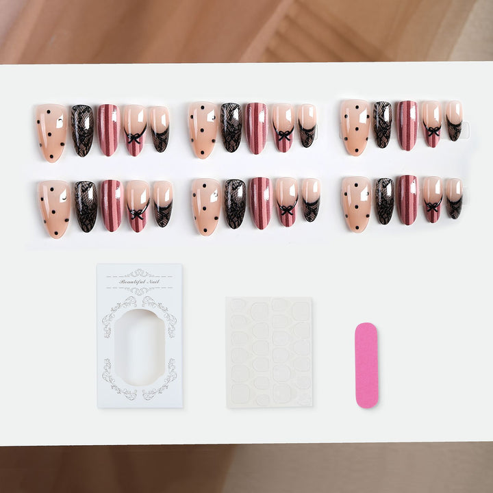 Acrylic nail set with elegant bow and lace accents Stornfield