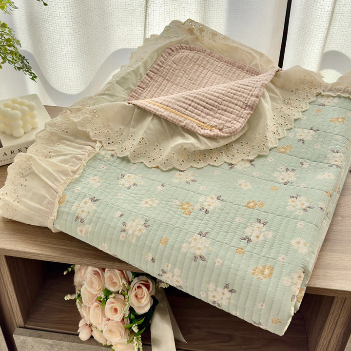 Quilted Floral Reversible Throw Blanket with Eyelet Lace Ruffle