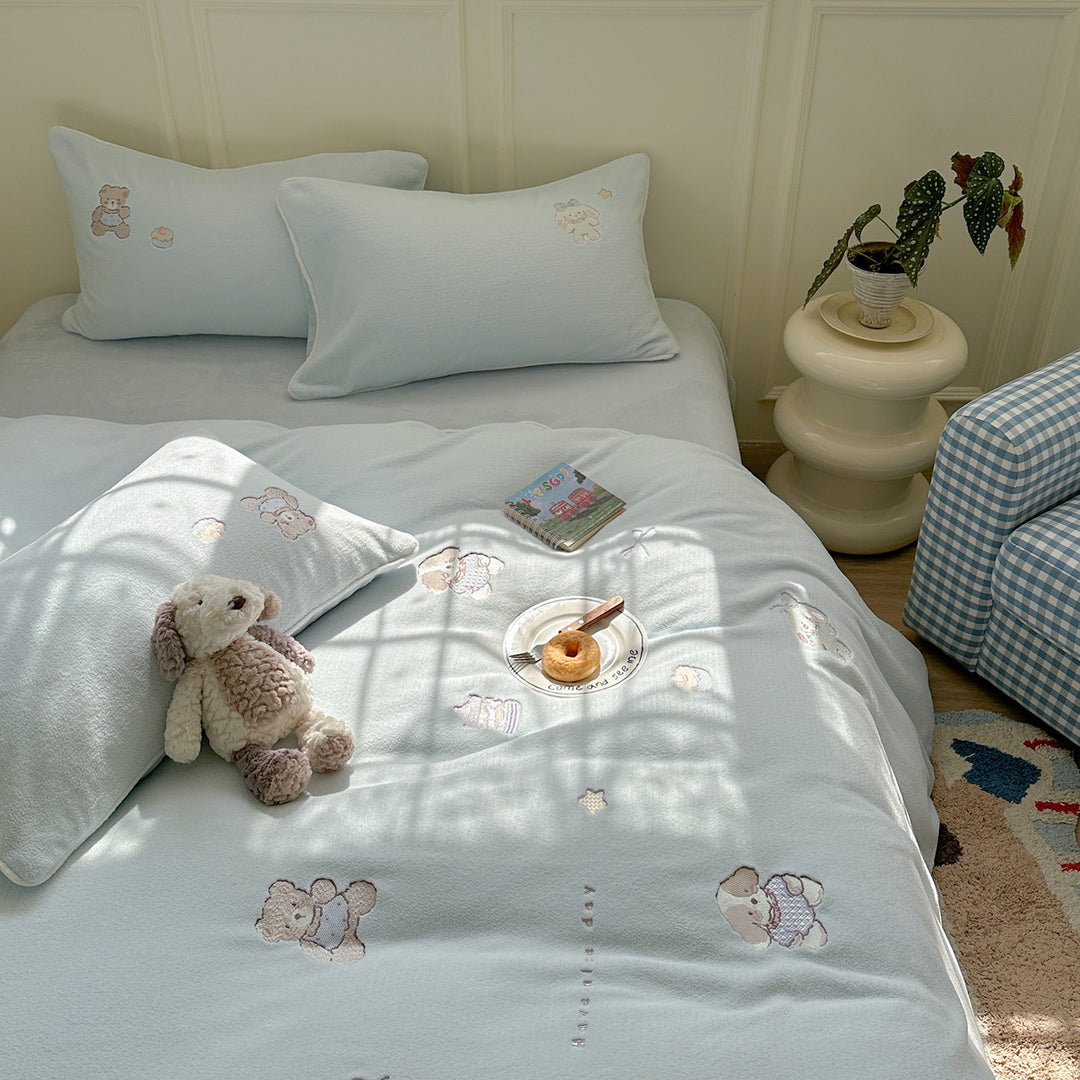 Plush Embroidered Teddy Fleece Duvet Comforter Set with Pillow Shams