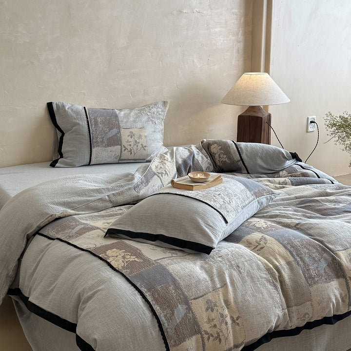 Reversible Patchwork Linen Cotton Duvet Cover Set with Floral Block Print and Piped Edge