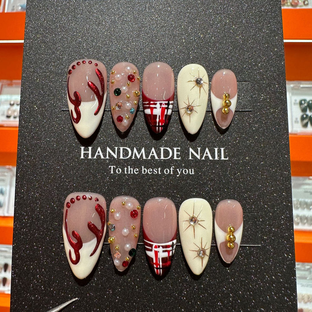 Decorative Press-On Nail Art Set with Gem and Artistic Accents