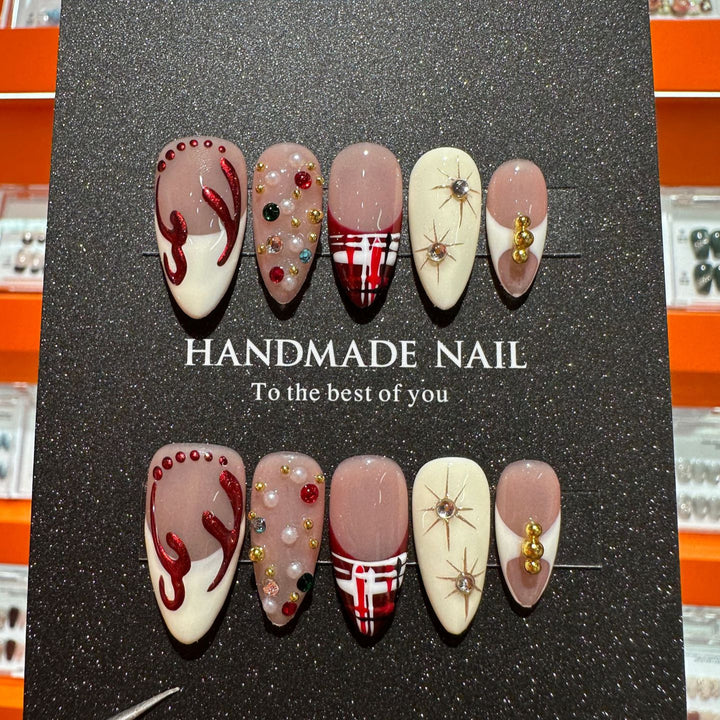 Decorative Press-On Nail Art Set with Gem and Artistic Accents